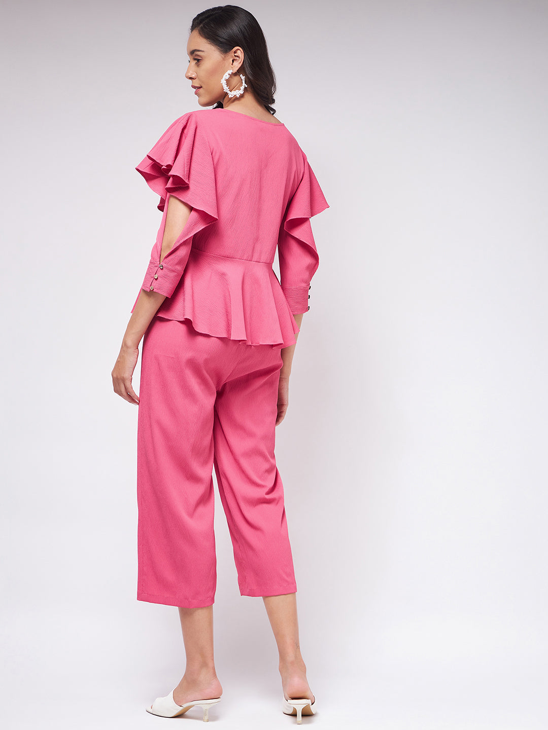 Flaunt Yourself In Solid Overlap Top With Stylish Sleeves And Matching Pants Set