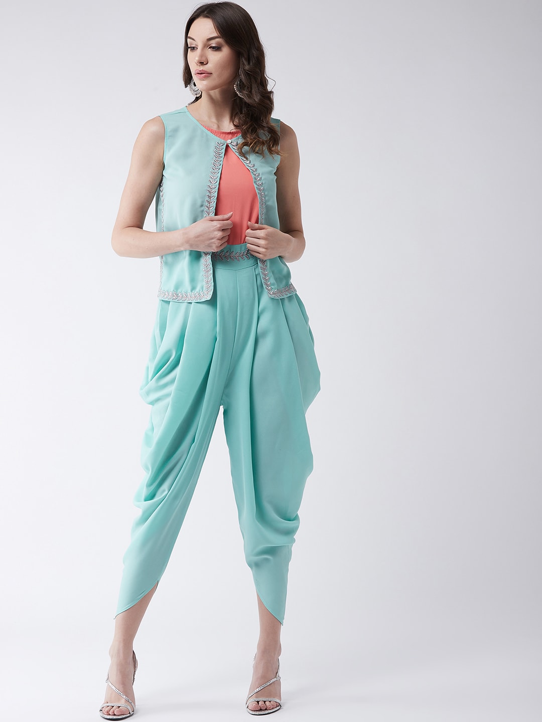 Pastel Embroidered Jumpsuit With Sleeveless Shrug