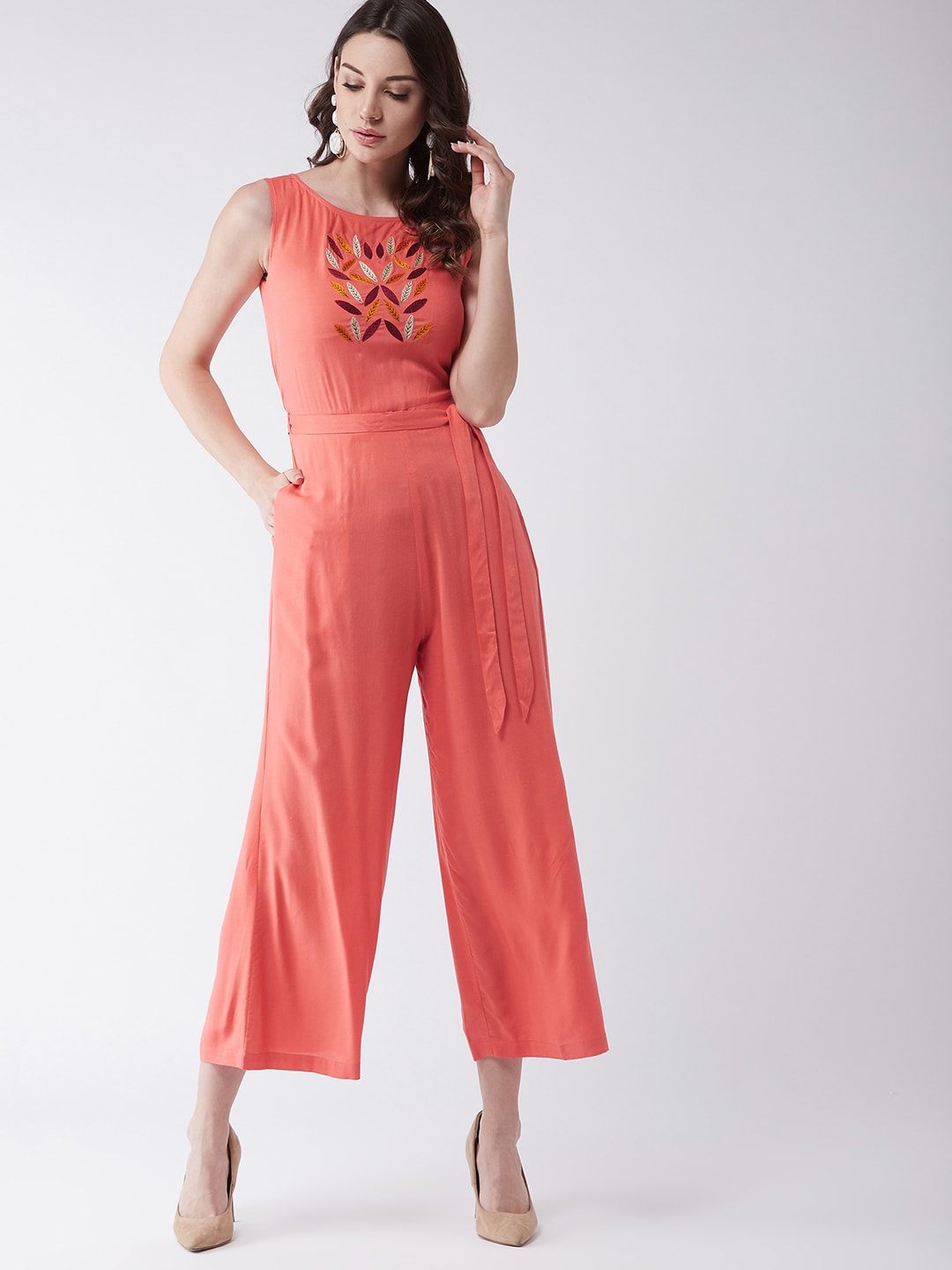 Coral Embroidered Sleeveless Jumpsuit