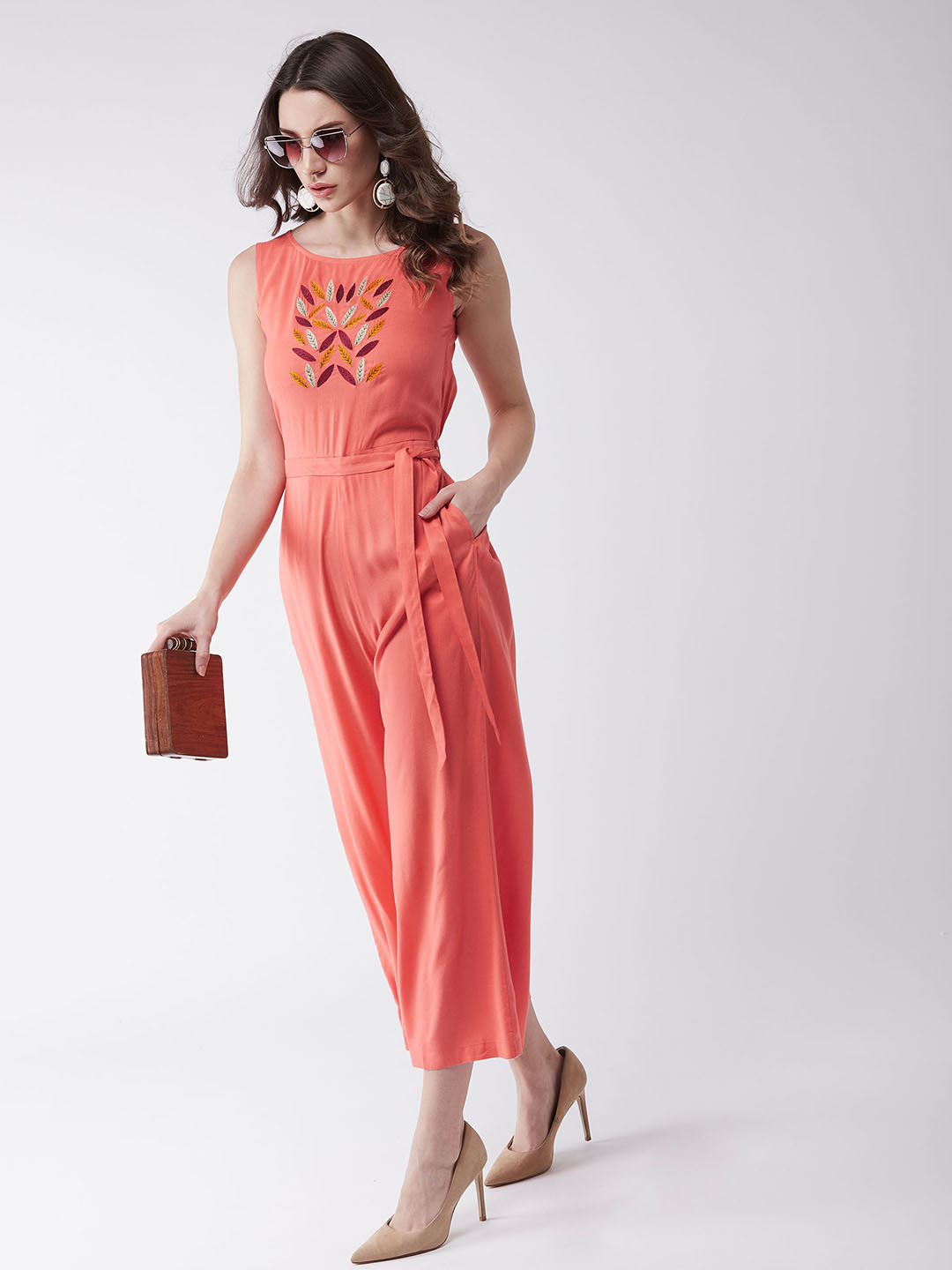 Coral Embroidered Sleeveless Jumpsuit