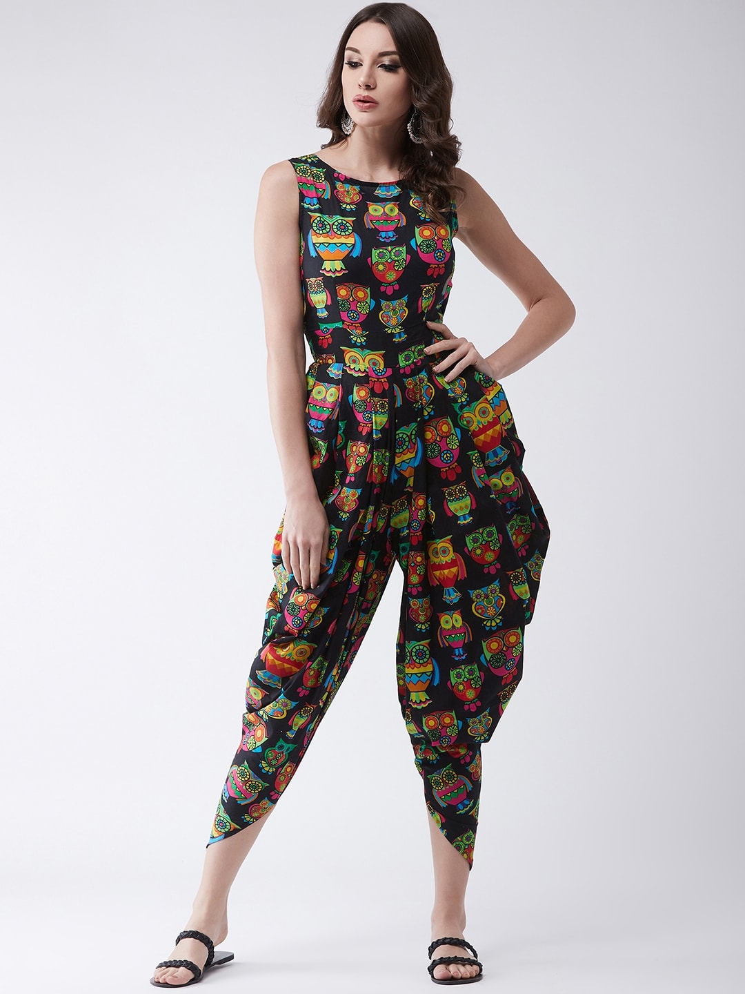 Quirky Owl Printed Jumpsuit with Embroidered Shrug