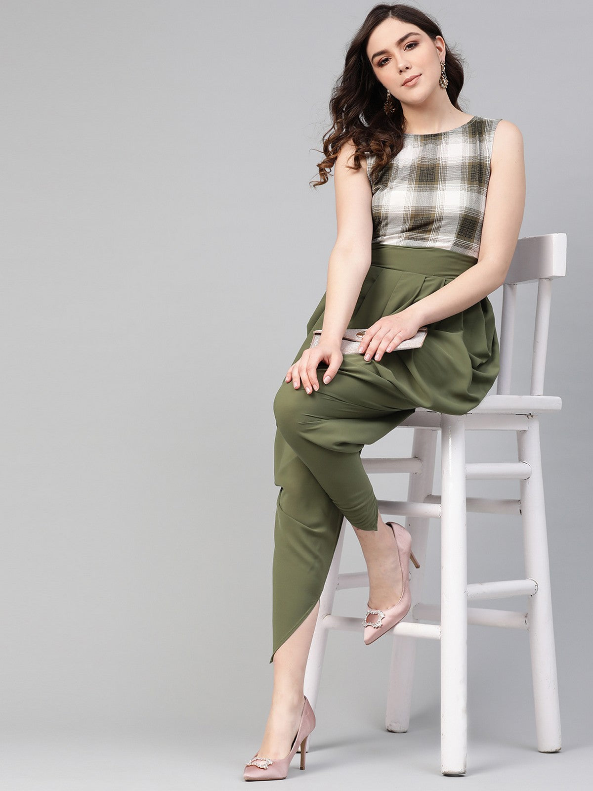 Olive Checkered Cowl Jumpsuit