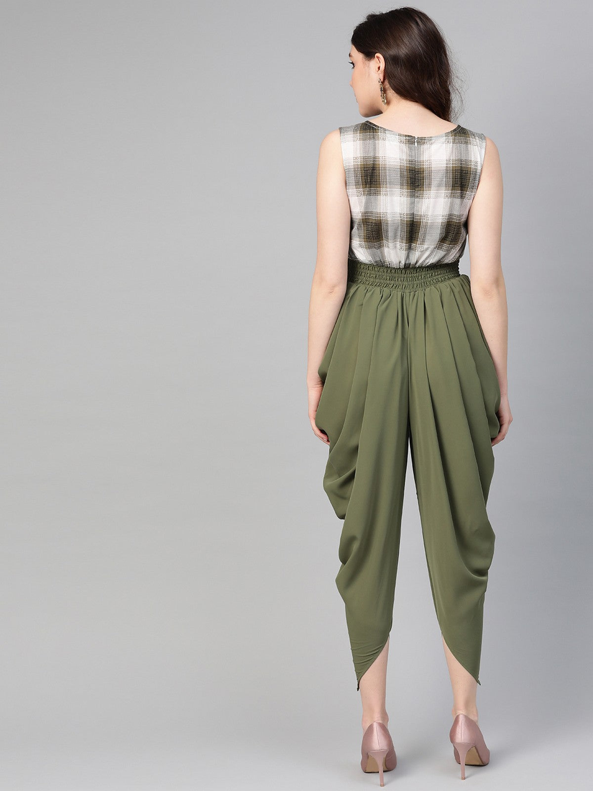 Olive Checkered Cowl Jumpsuit
