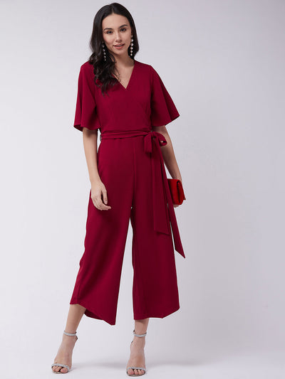 Red Solid Overlap Jumpsuit