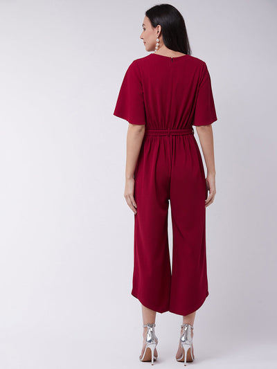 Red Solid Overlap Jumpsuit