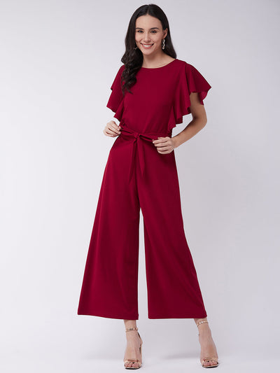 Red Solid Jumpsuit With Flared Sleeves
