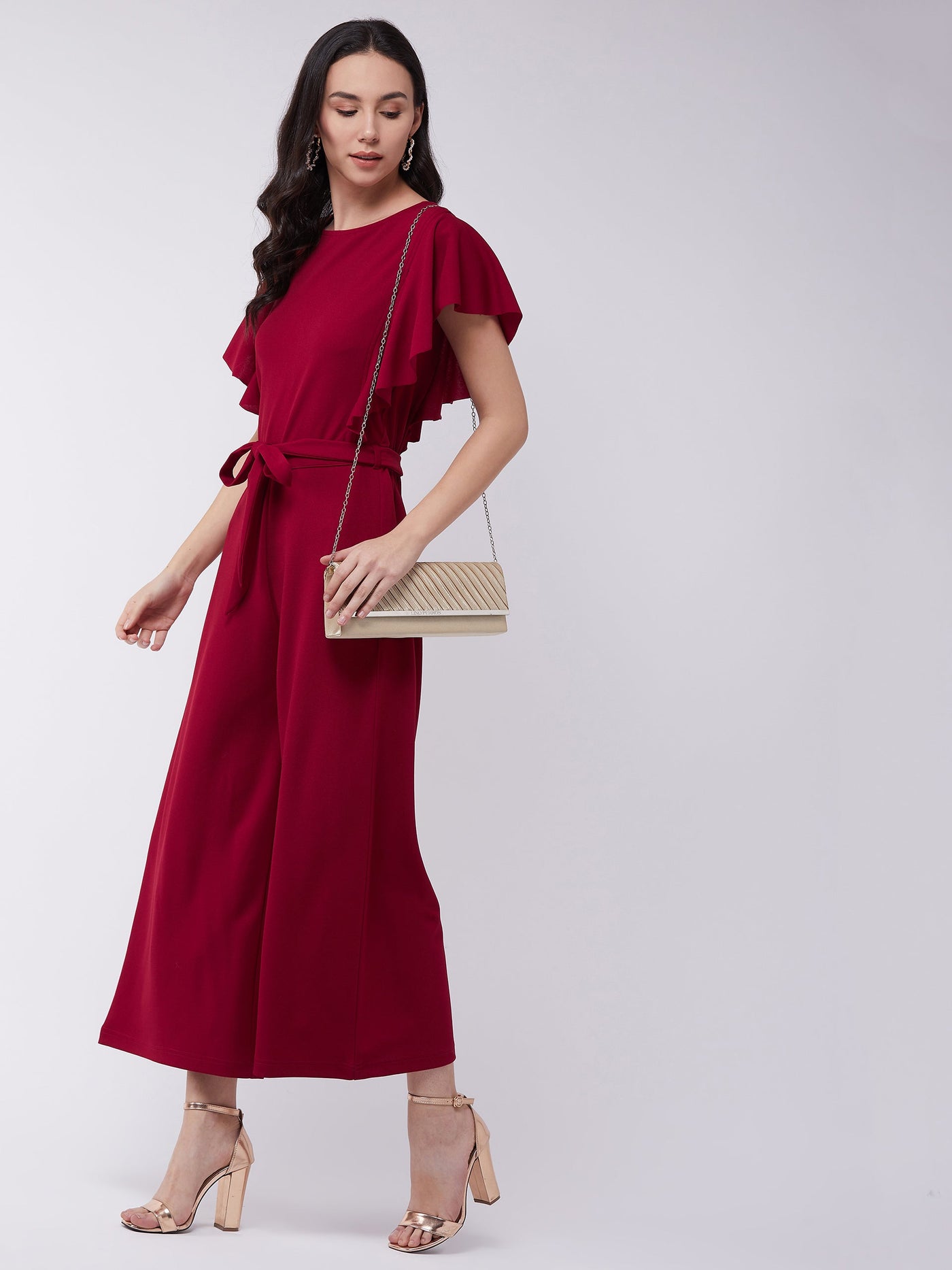 Red Solid Jumpsuit With Flared Sleeves