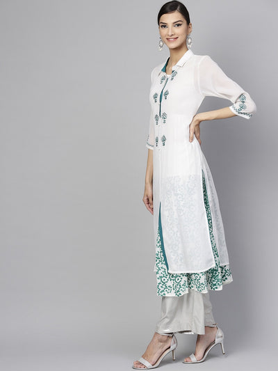 Solid Embroidered Upper With Block Printed Layered Kurta