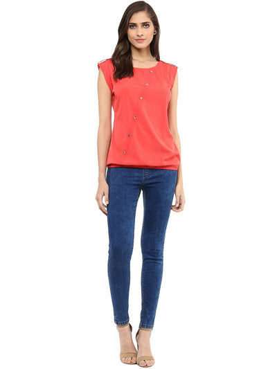 Coral Top With Fake Shoulder-Tab