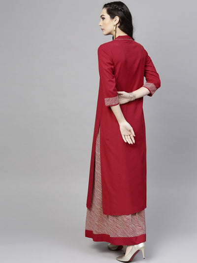 Solid Kurta With Printed Stripe Skirt