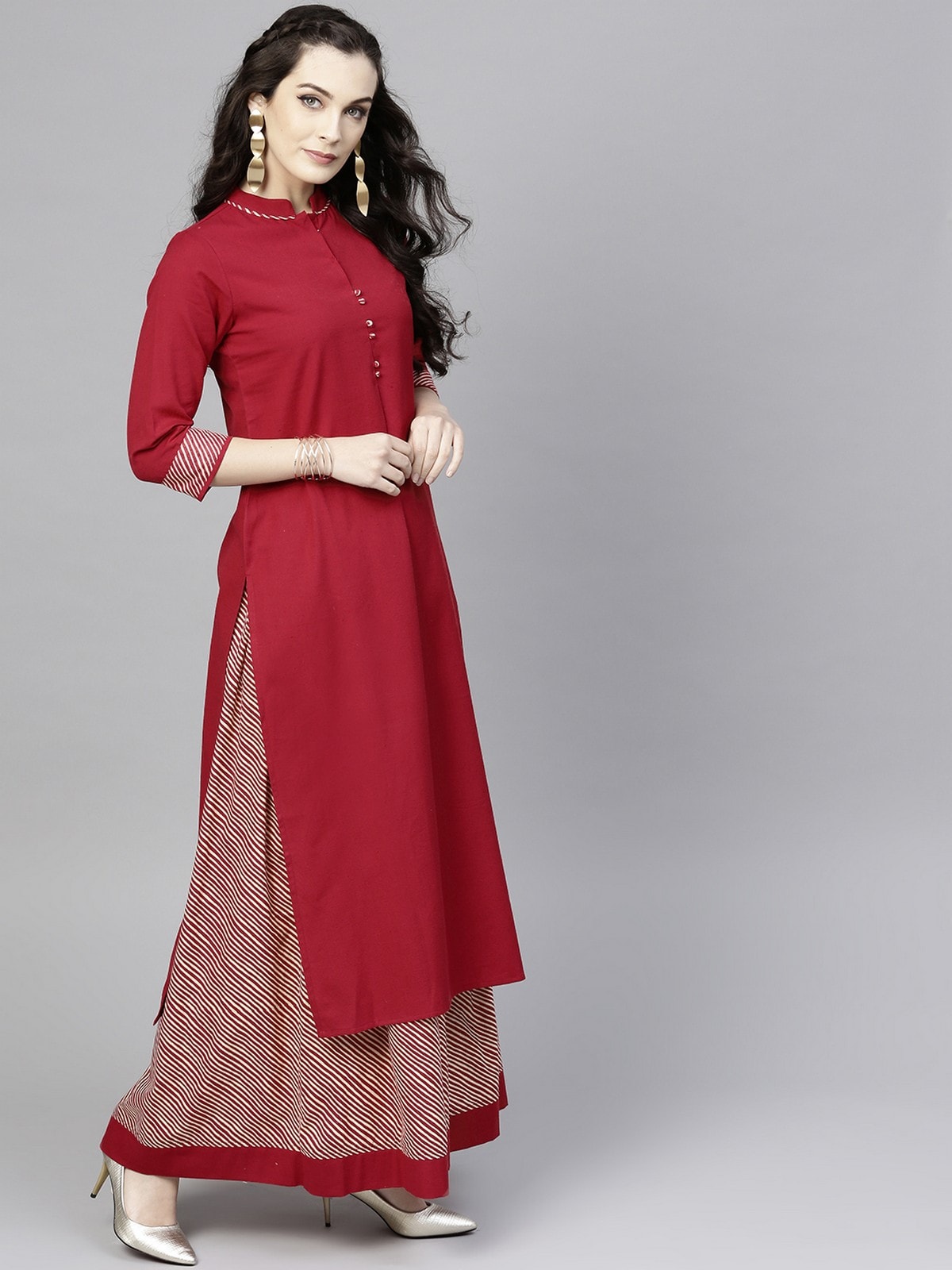 Solid Kurta With Printed Stripe Skirt