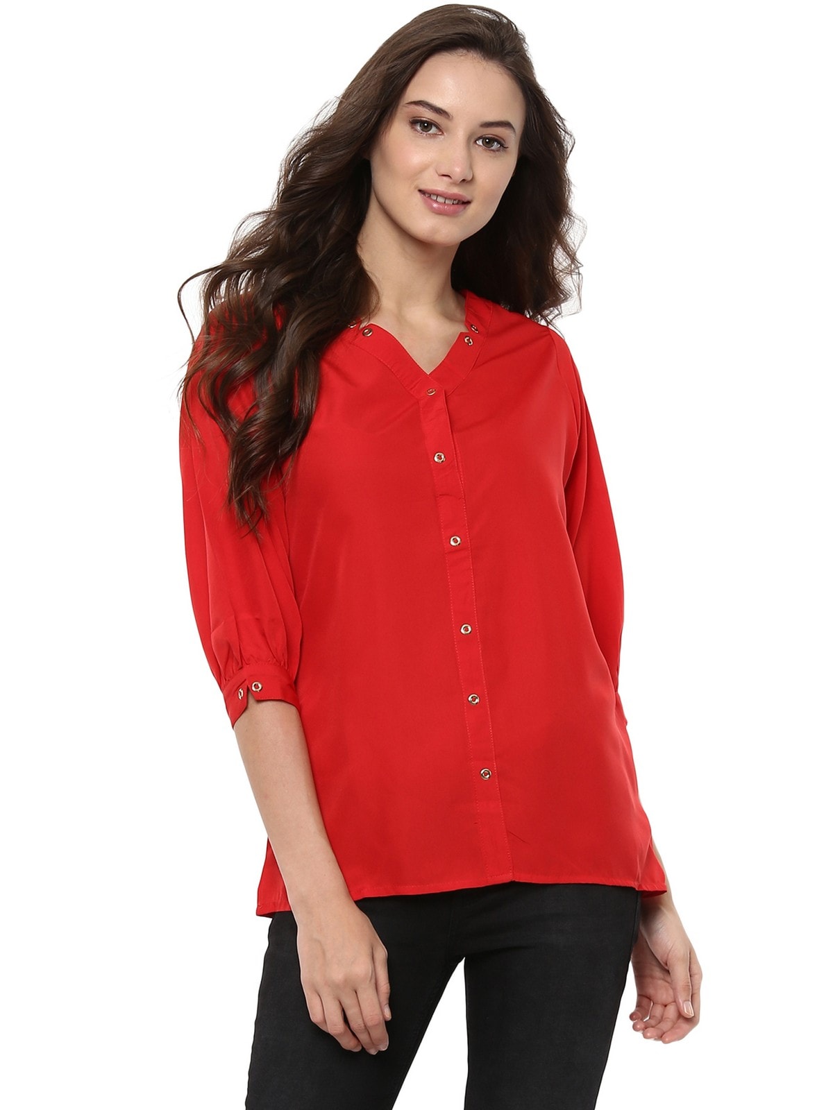 Red Shirt Top With Detailed Notch Designs