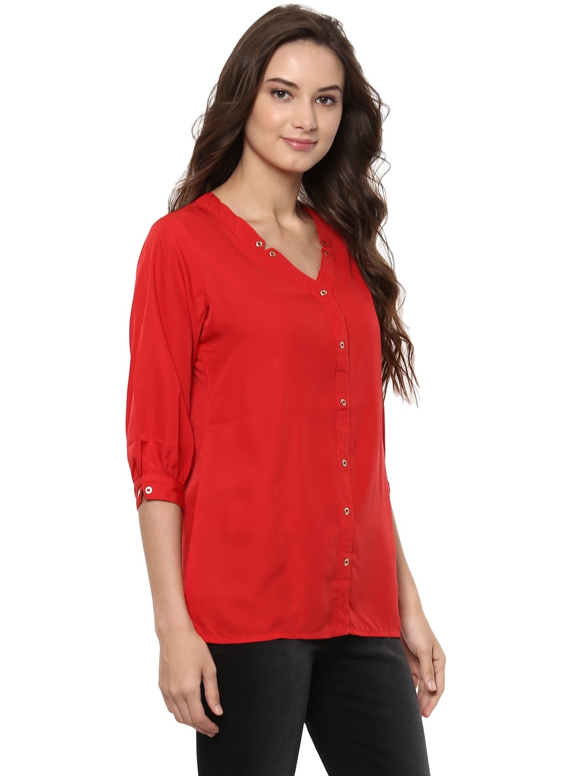 Red Shirt Top With Detailed Notch Designs