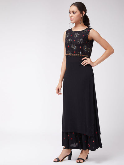 Sleeveless Foil Printed Kurta With Embroidered Sharara