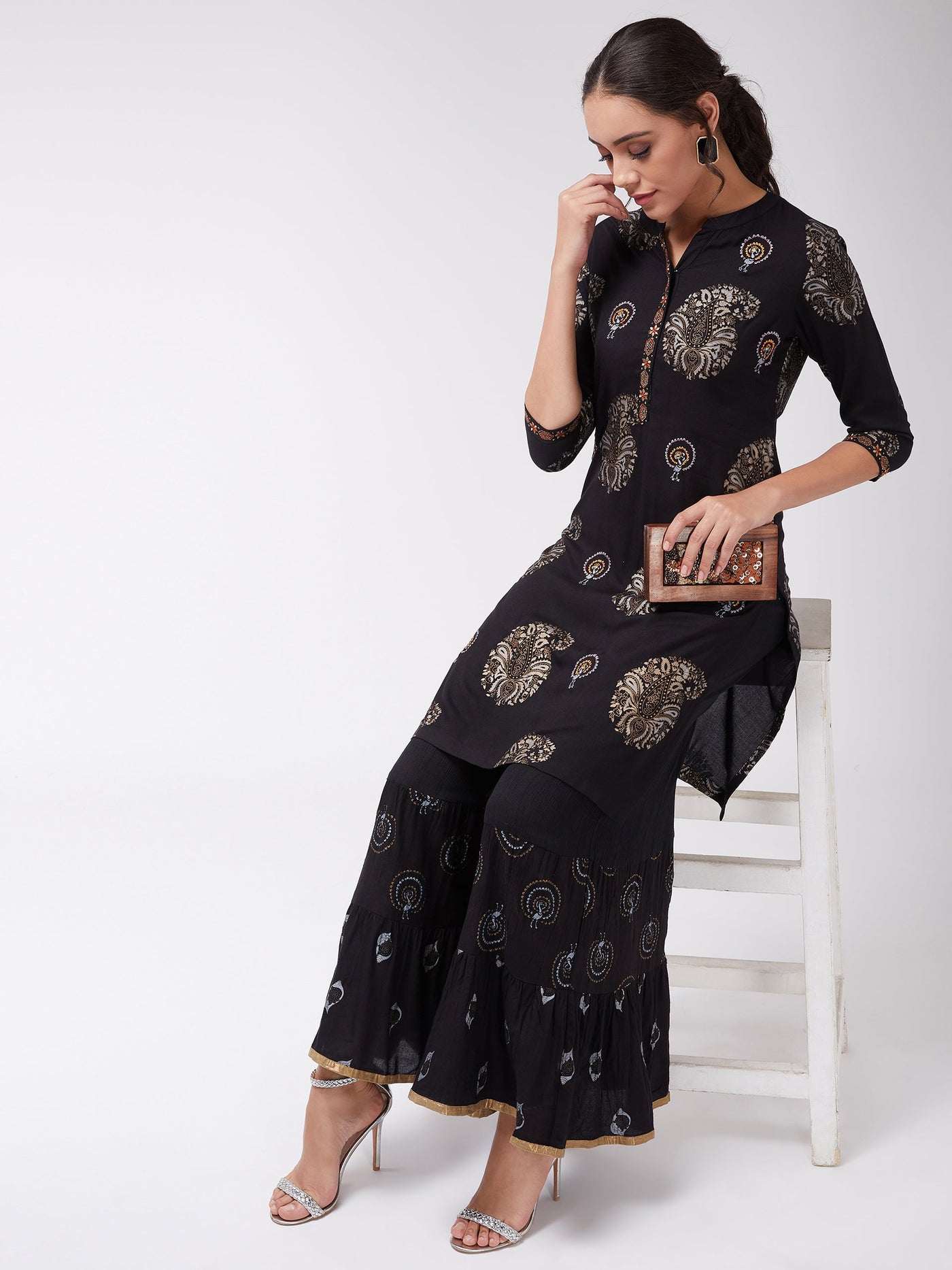 Straight Fit Foil Printed Kurta With Sharara