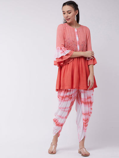 Ombre Tie-Dye Top With Dhoti Set With Embroidery