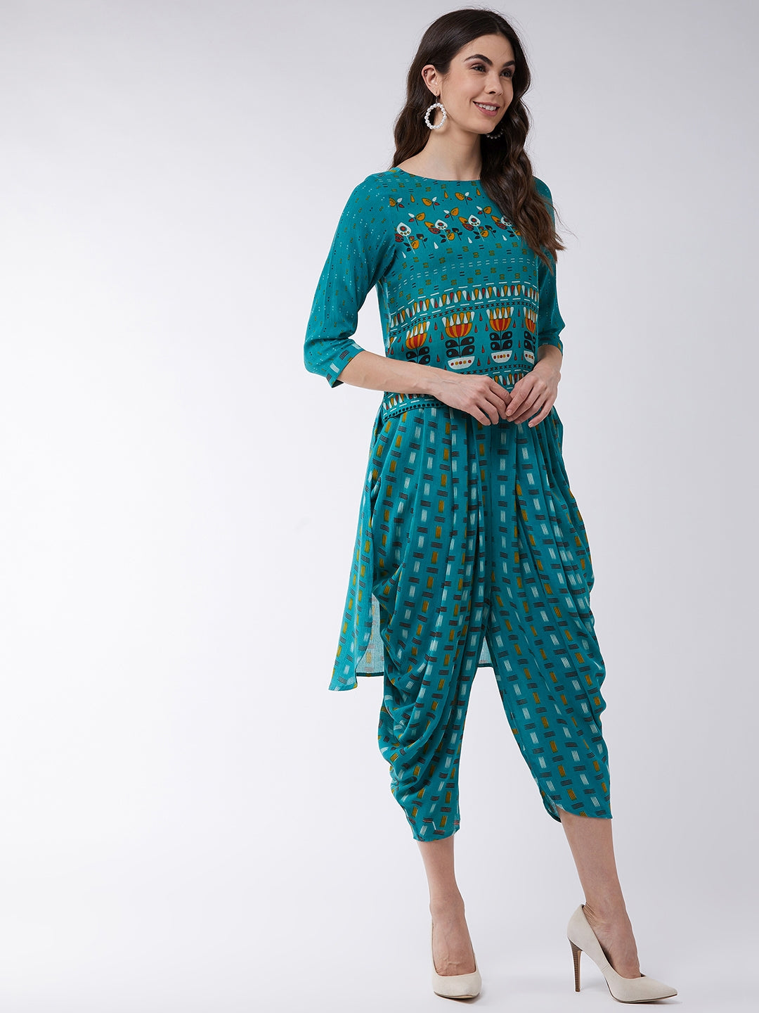 Pastel Printed High-Low Top With Dhoti Pants