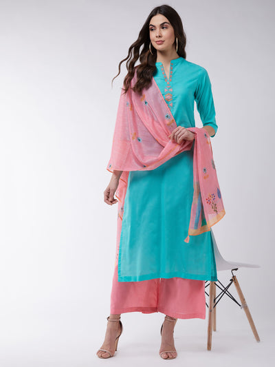 Blue Embroidered Kurta With Pants And Pink Digital Printed Dupatta