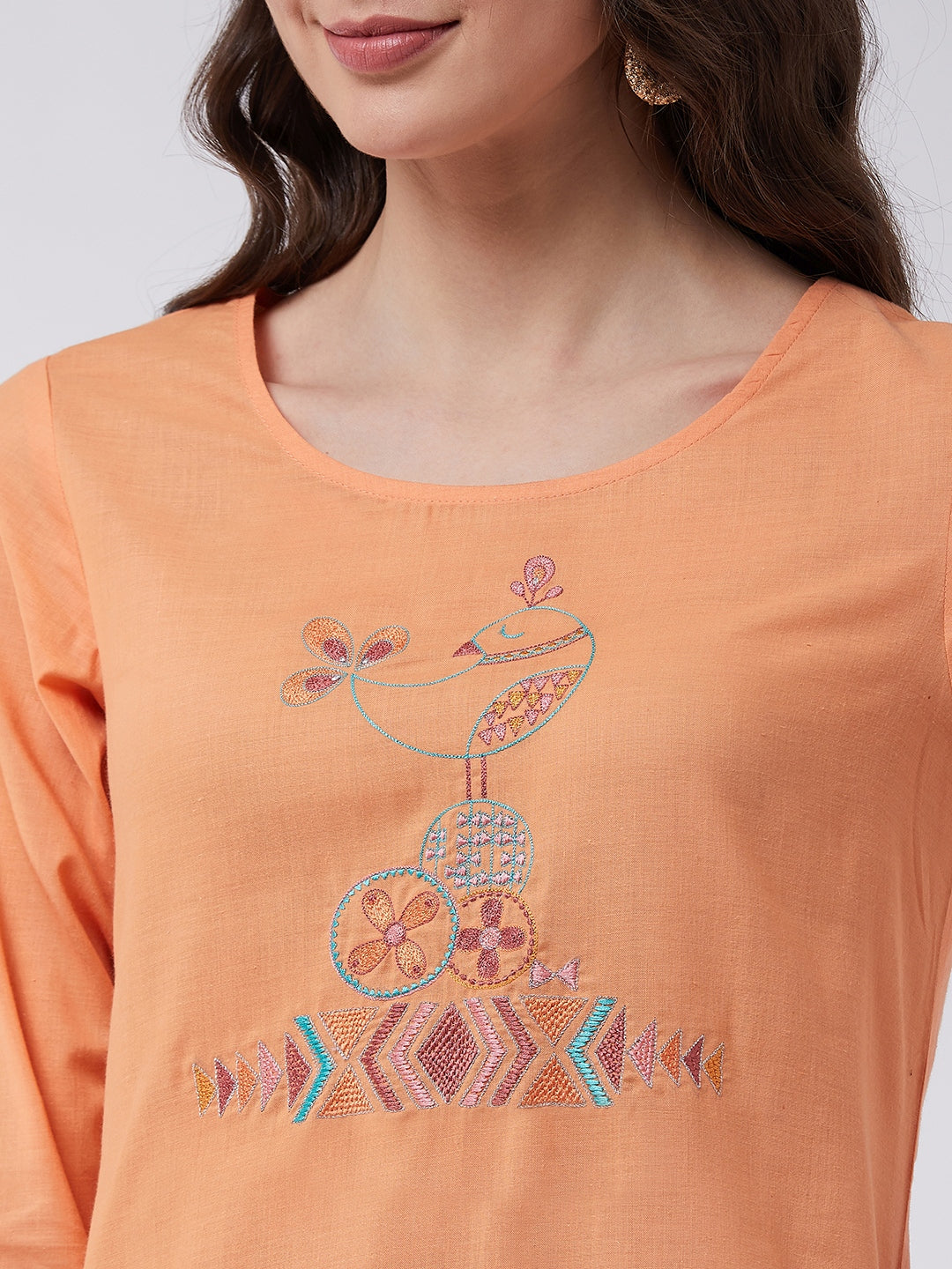 Orange Embroidered Kurta With Pants And Green Digital Printed Dupatta