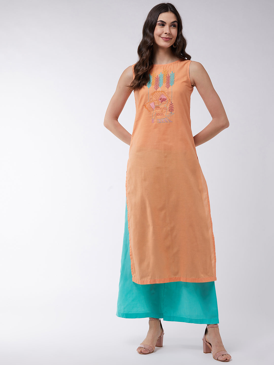 Orange Embroidered Sleeveless Kurta With Pants