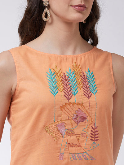 Orange Embroidered Sleeveless Kurta With Pants