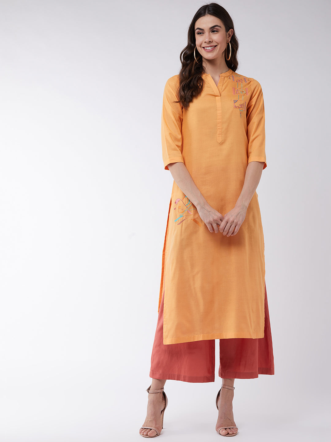 Orange Embroidered Quarter Sleeves Kurta With Pants