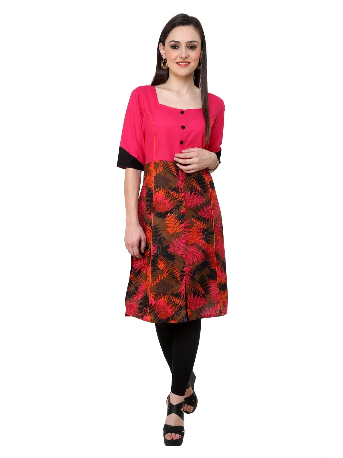 Pannkh Women's Pink Leaf Print Panelled Kurti