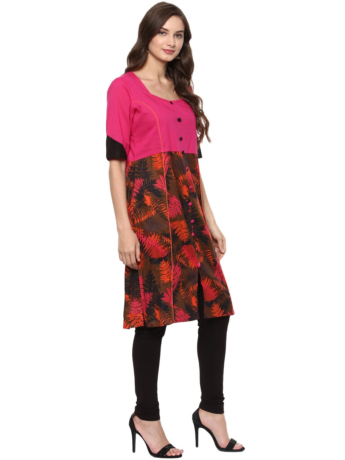 Pannkh Women's Pink Leaf Print Panelled Kurti