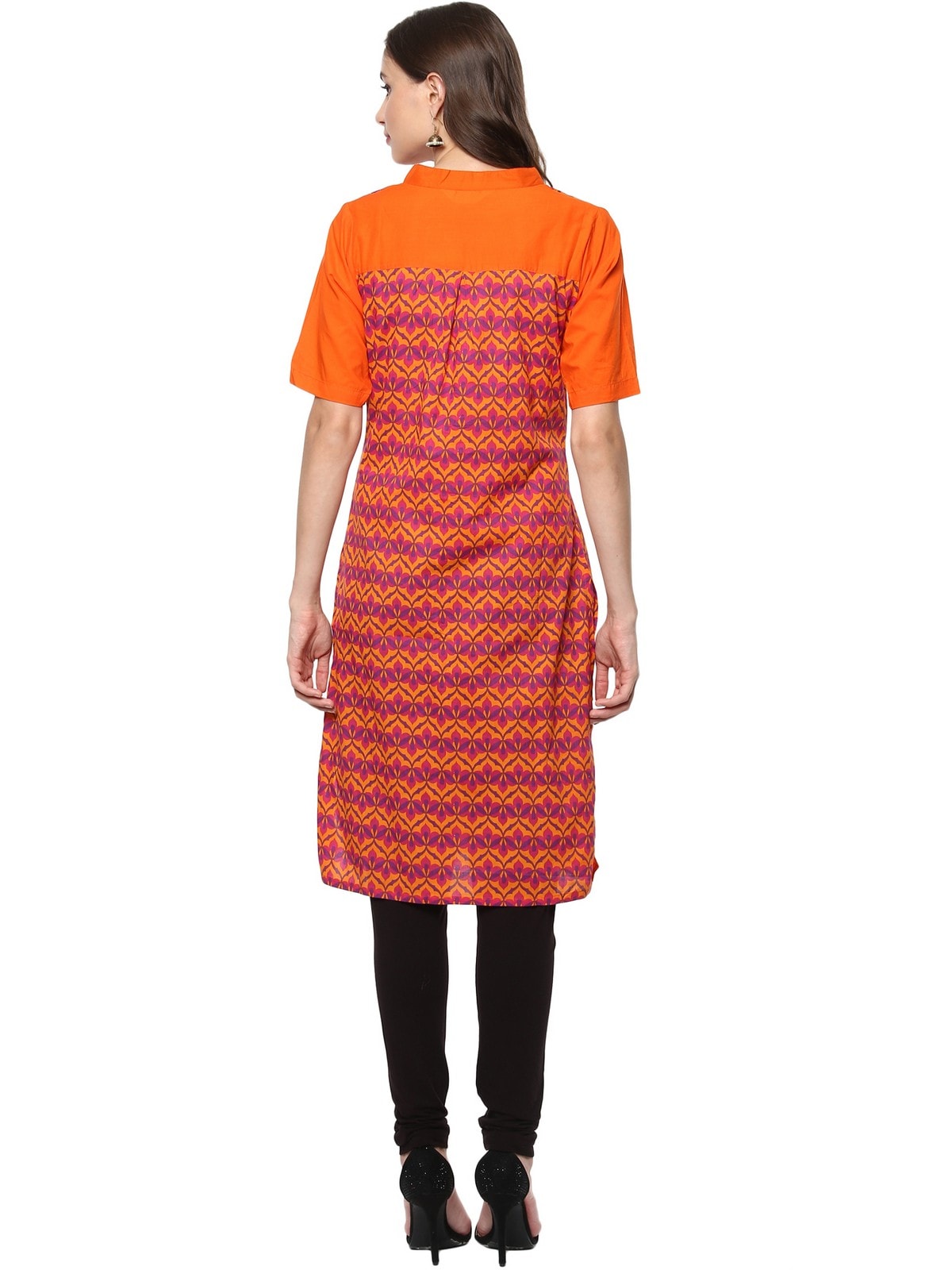Pannkh Women's Orange Allover Print Stand Collar Print Kurti