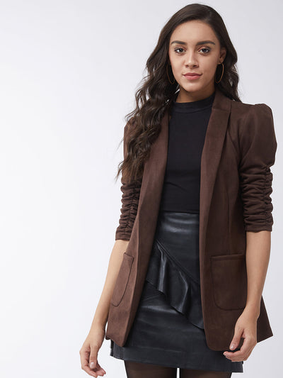 Solid Long Blazer With Ruched Sleeves