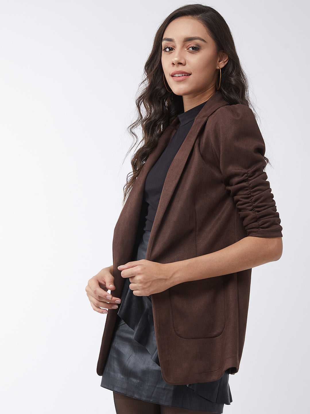 Solid Long Blazer With Ruched Sleeves