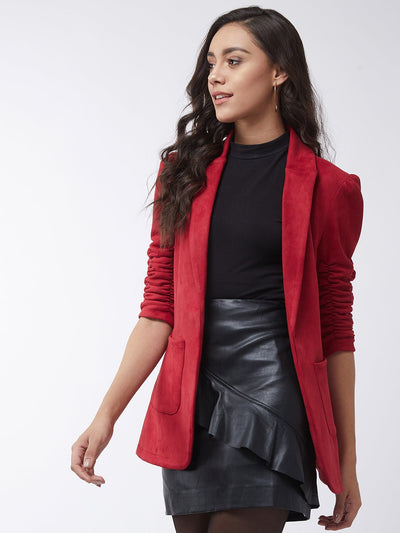 Solid Long Blazer With Ruched Sleeves