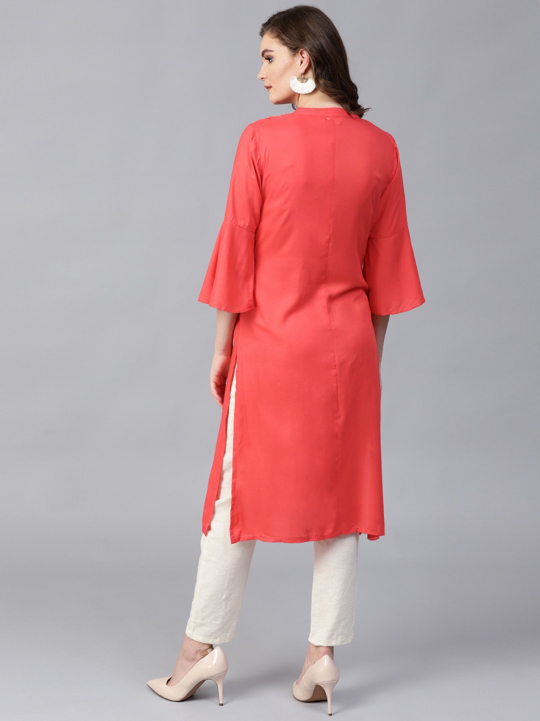 Red Embroidered Bell Sleeves Straight Kurta