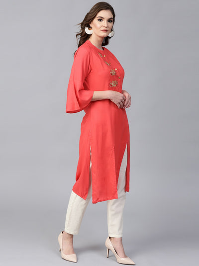 Red Embroidered Bell Sleeves Straight Kurta