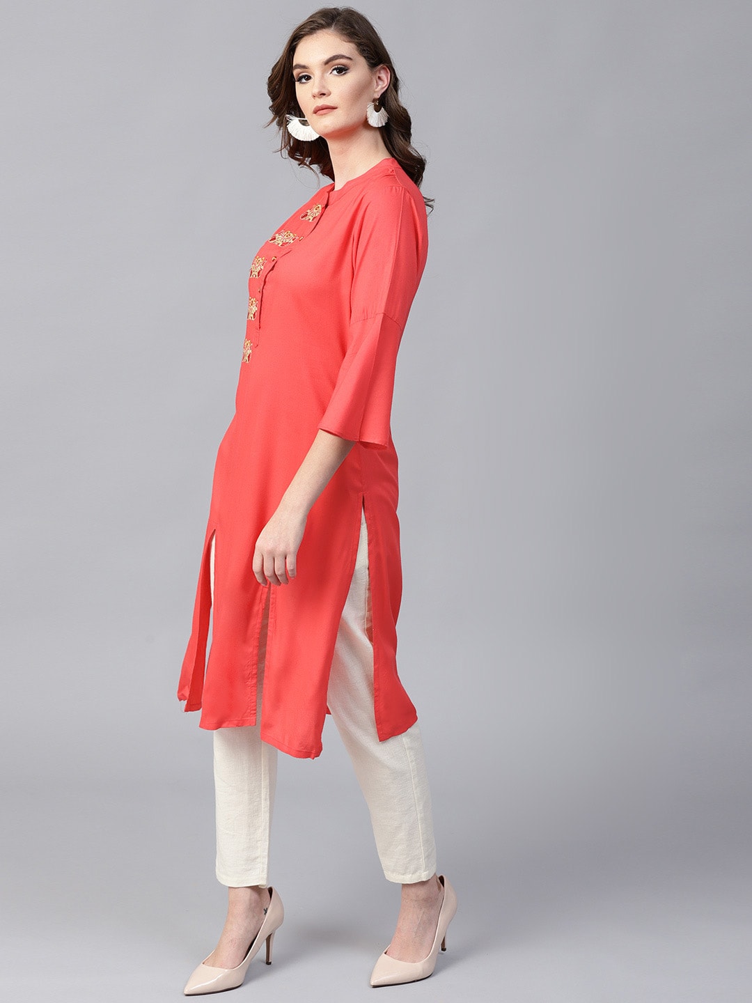 Red Embroidered Bell Sleeves Straight Kurta