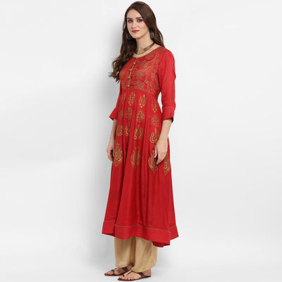 Pannkh Women's Anarkali Block Printed Kurta