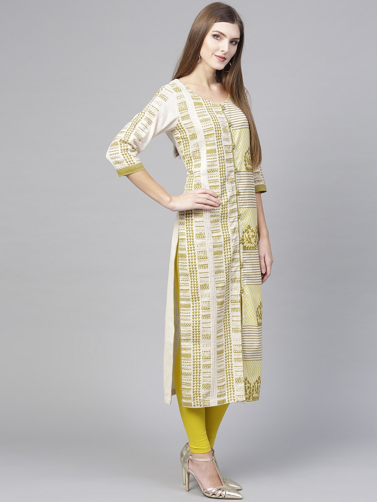 Off-White Half N Half Block Printed Kurta