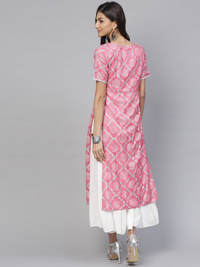 Pink Lotus Inspired Front Open Printed Kurta With Tassels