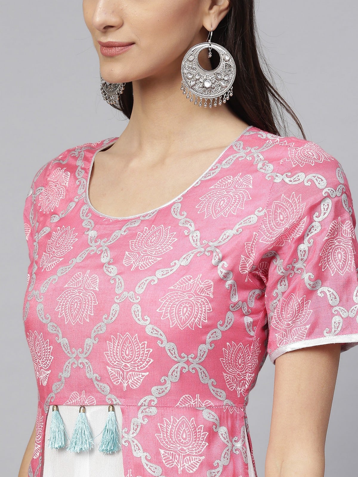 Pink Lotus Inspired Front Open Printed Kurta With Tassels