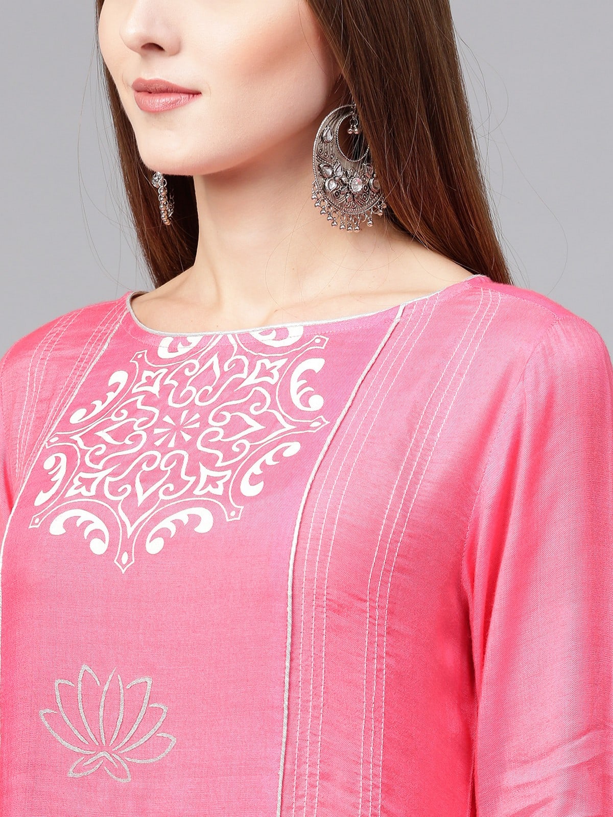 Pink Lotus Inspired Printed Panelled Kurta