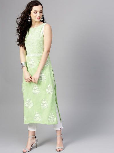 Green Sleeveless Printed Chambray Kurta