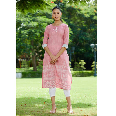 Pink Madhubani Block Printed Chambray Kurta