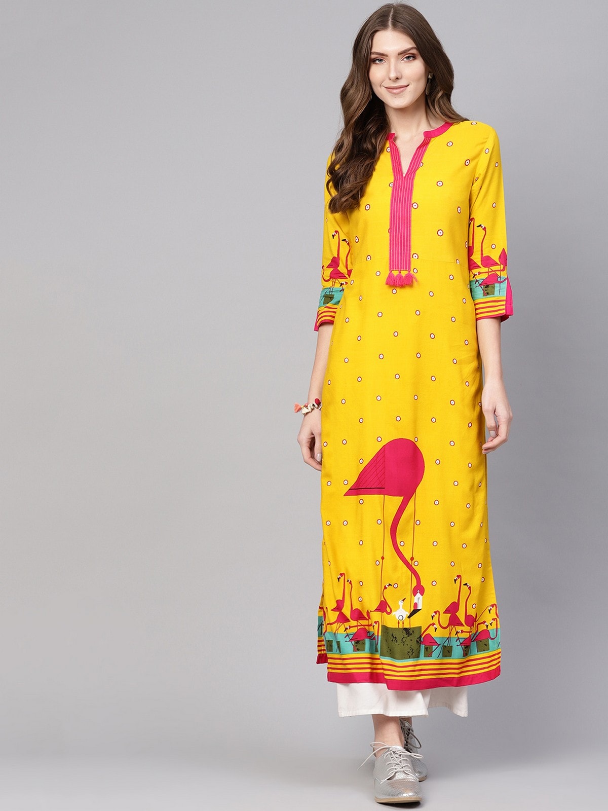 V-Neck Flamingo Printed Kurta