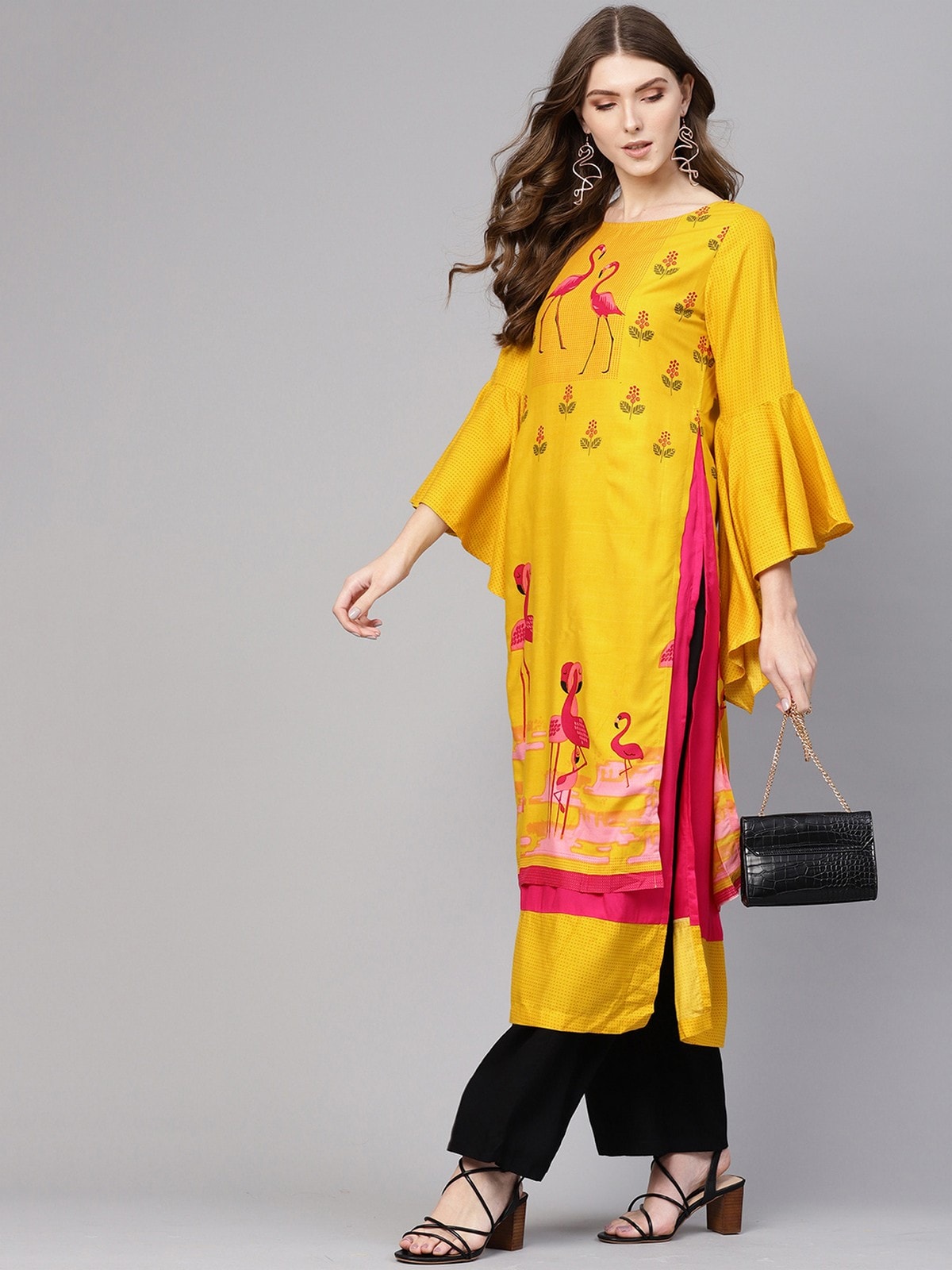 Bell Sleeves Layered Flamingo Printed Kurta