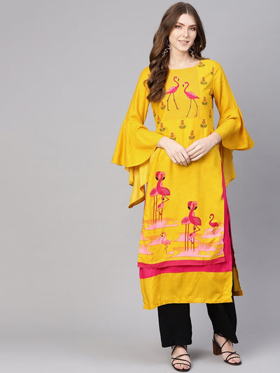 Bell Sleeves Layered Flamingo Printed Kurta