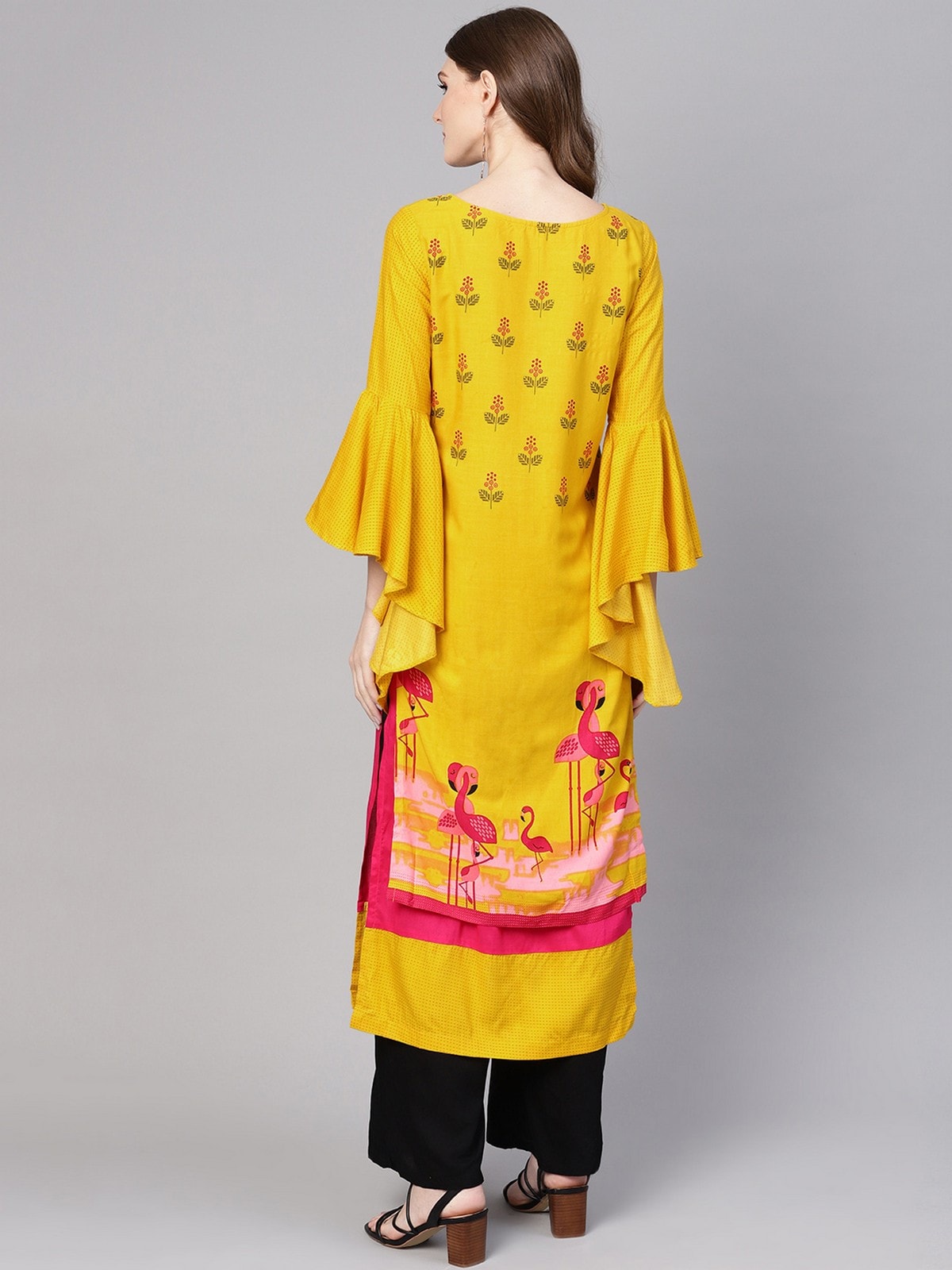 Bell Sleeves Layered Flamingo Printed Kurta