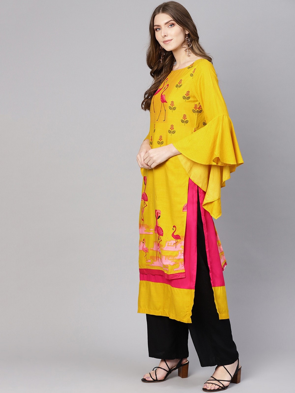 Bell Sleeves Layered Flamingo Printed Kurta