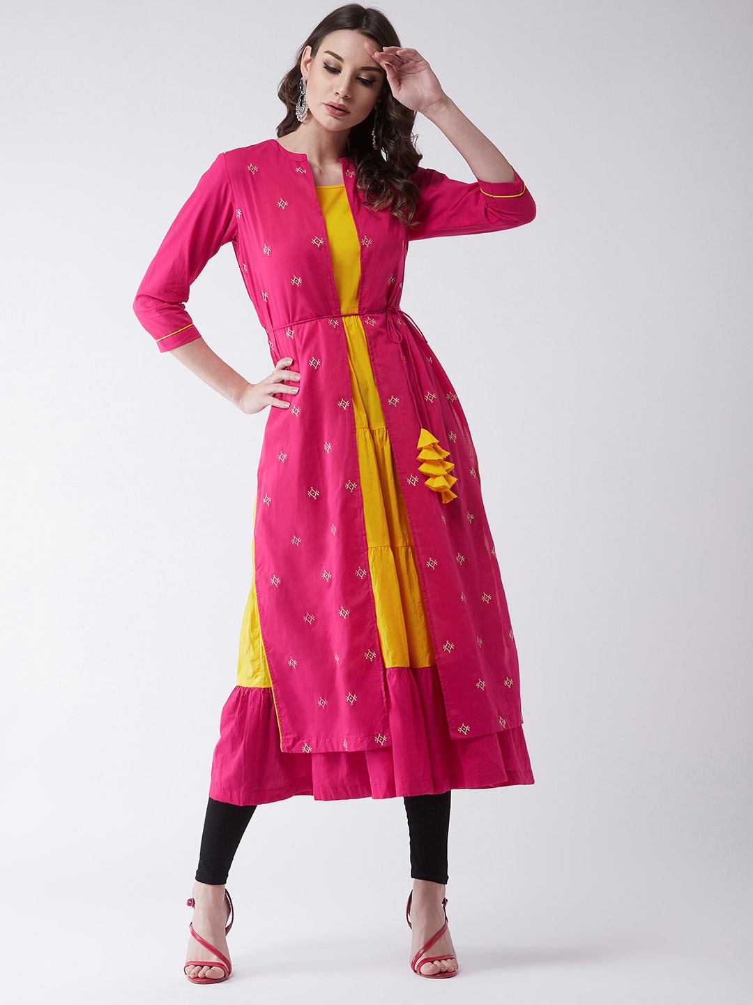 Tiered Kurta With Embroidered Jacket