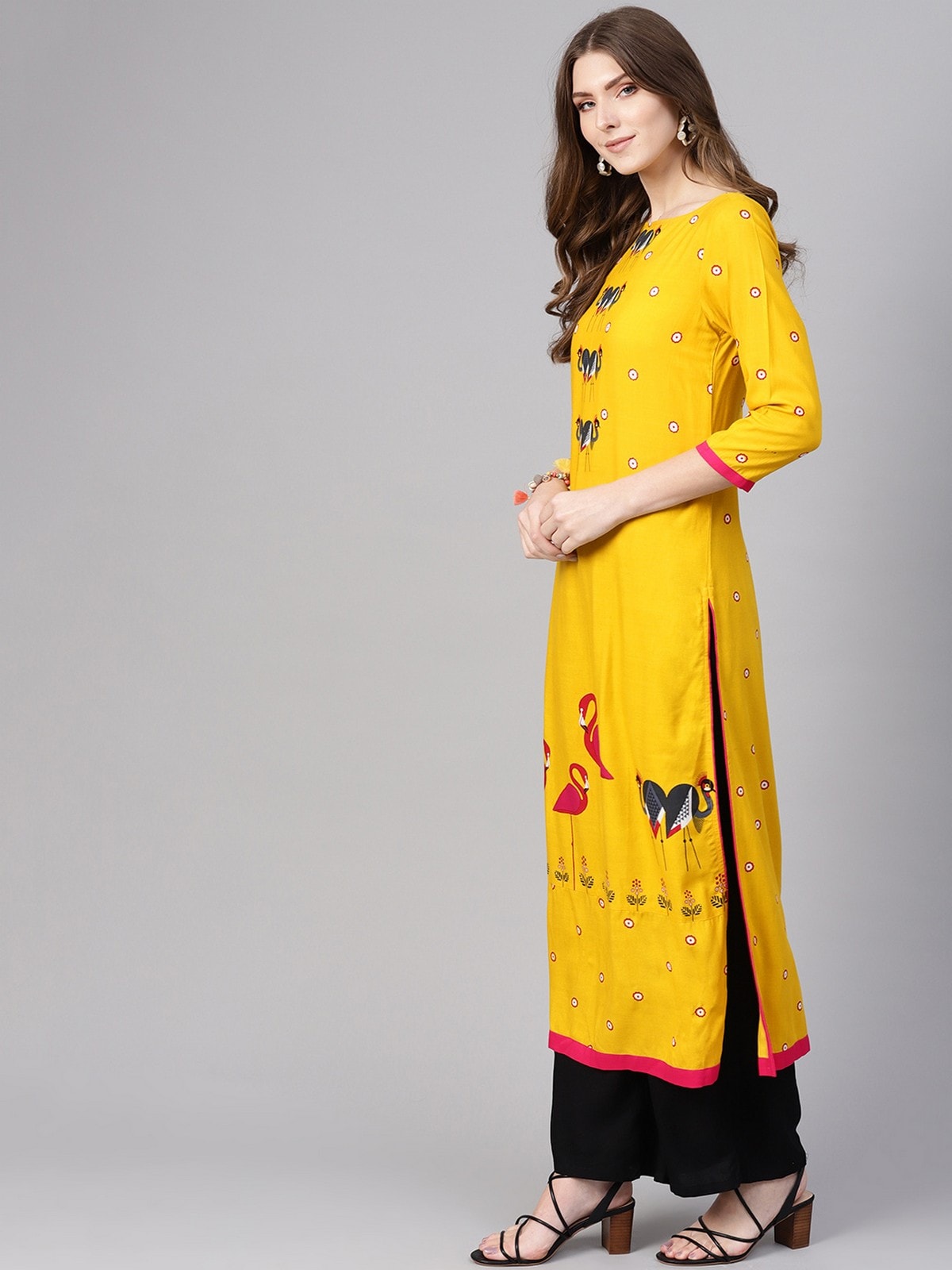 Yellow Mirror Image Flamingo Straight Kurta