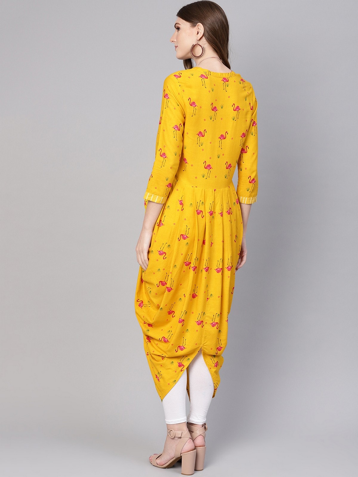 Yellow Drappy Flamingo Printed Kurta